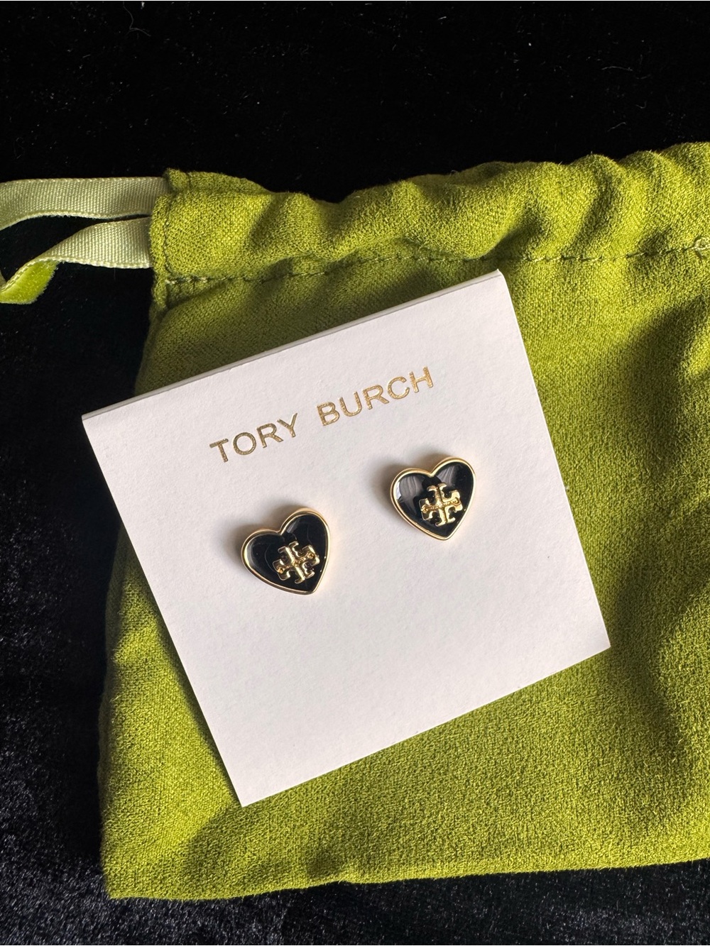 Tory Burch Black and Gold Heart Logo Stud Earrings